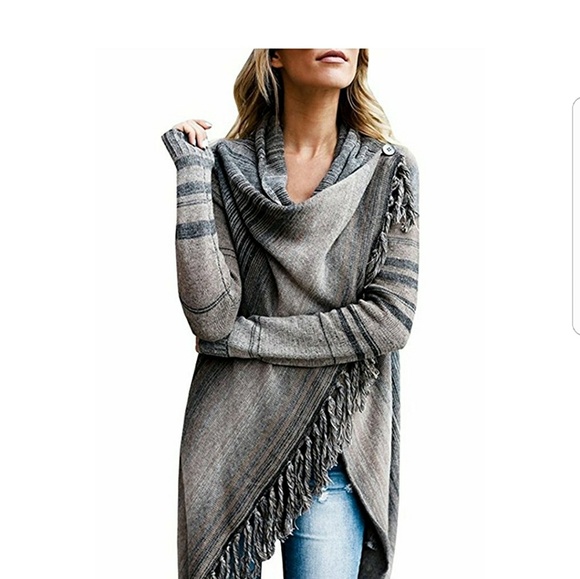 BECHET Grey Striped Boho Fringe Poncho  Sweater - Picture 3 of 8